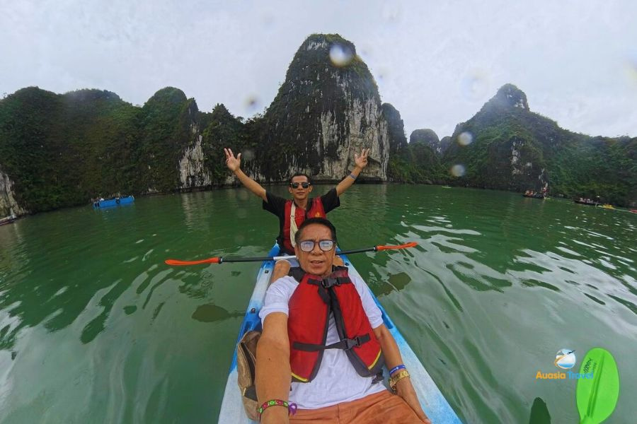 Maverick and his father go kayaking in Halong bay, Vietnam
