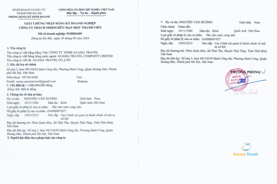 Business License of Auasia Travel – Official Company Certificate